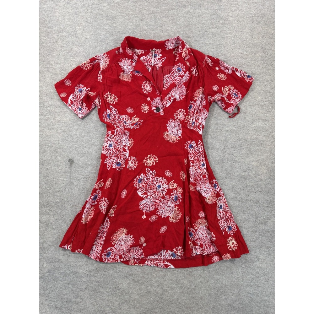 Free People Hawaii Mini Dress Womens M Viscose Floral Short Sleeve Smocked Waist - Picture 1 of 12